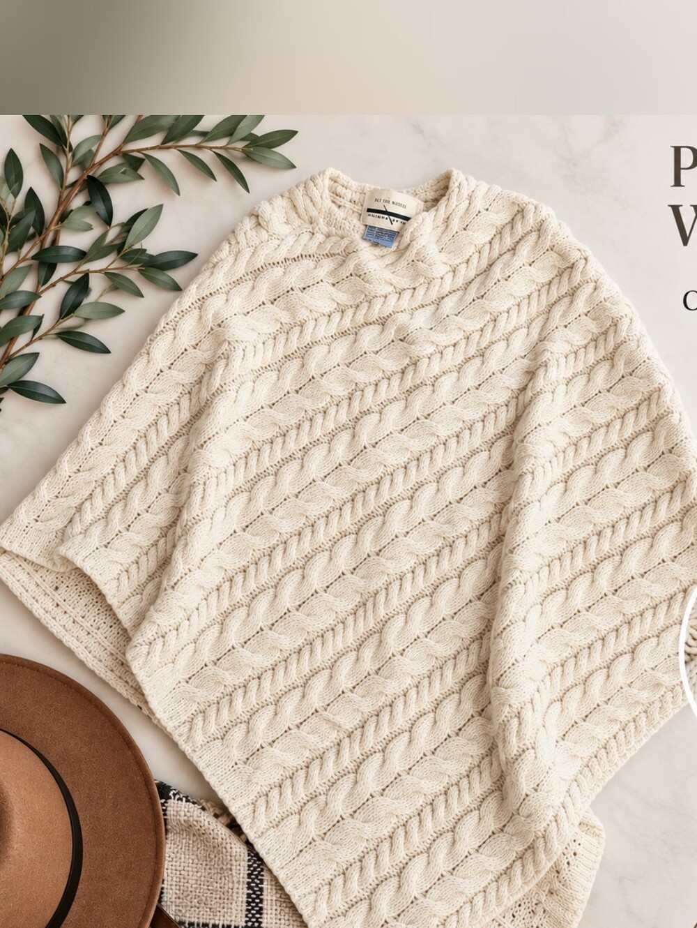 Ply the Waters Guideboat Co. 100% Merino Wool Irish Cable Knit Poncho S/M
